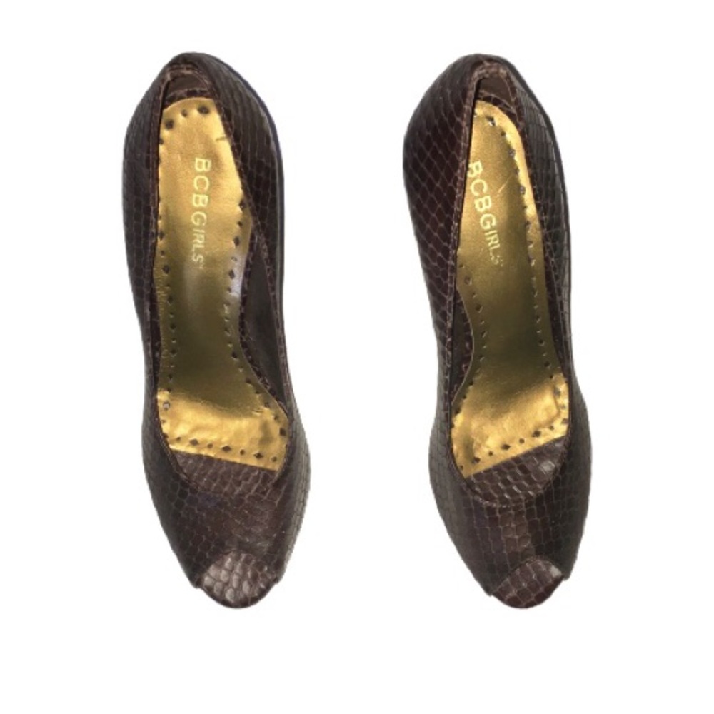 BCBGirls Brown Open Toe Heels Reptile Print 7.5